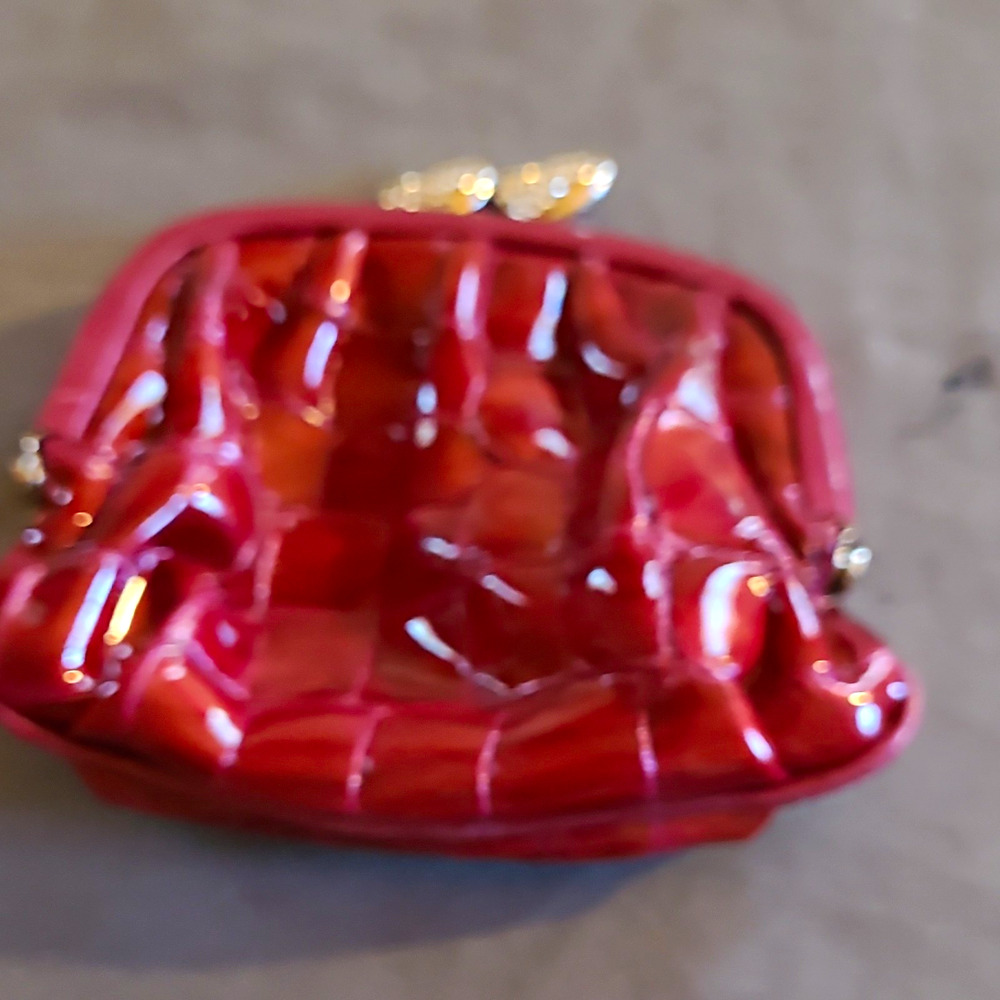 Bright Burgandy Croc Embossed Patent Leather Kiss Lock Coin Purse w Rhinestones